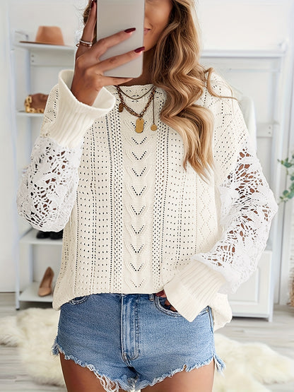 Vzyzv Contrast Lace Eyelet Knit Sweater, Casual Crew Neck Long Sleeve Sweater, Women's Clothing