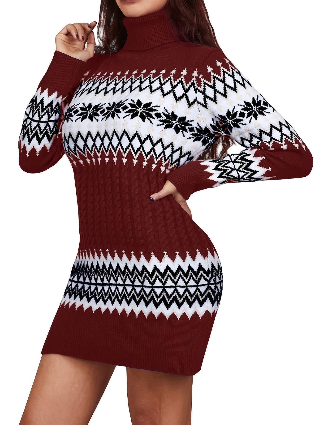 Vzyzv Christmas Turtleneck Sweater Dress, Long Sleeve Sweater Dress, Casual Sweater Dress For Fall & Winter, Women's Clothing