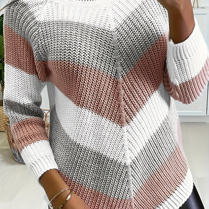 Vzyzv Romildi Romildi Romildi Striped Pattern Crew Neck Pullover Sweater, Casual Long Sleeve Sweater For Fall & Winter, Women's Clothing
