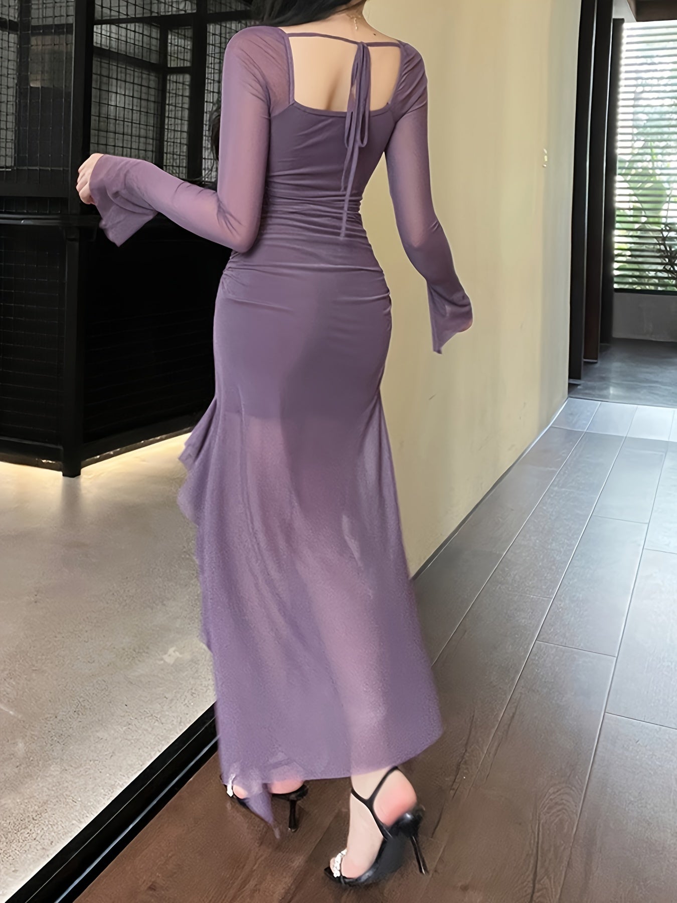 Vzyzv Solid Ruffle Trim Split Asymmetrical Dress, Elegant Flare Sleeve Mesh Ruched Dress, Women's Clothing