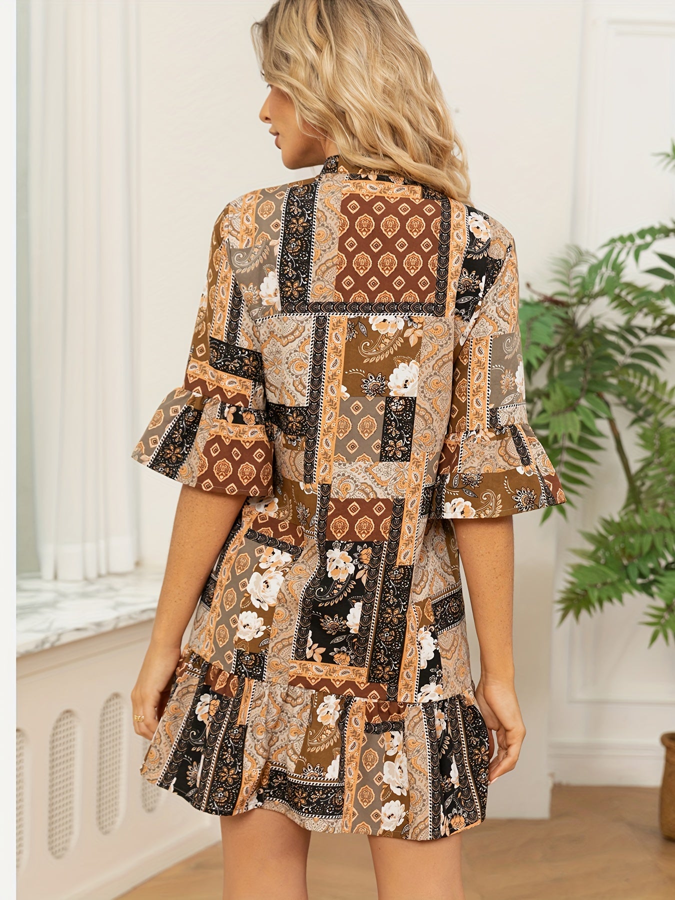 Patchwork Print Dress, Boho Ruffle Trim Button Front Dress, Women's Clothing