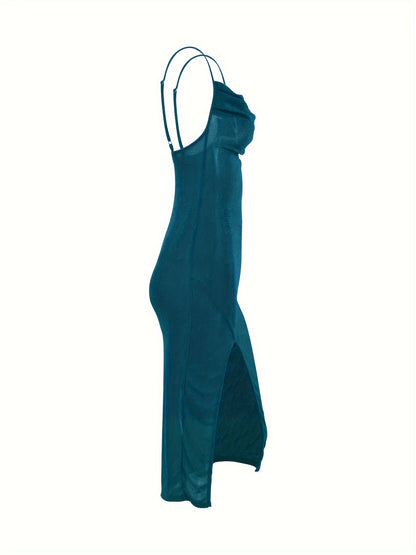 vzyzv  Solid Cowl Neck Cami Dress, Elegant Split Dress For Spring & Summer, Women's Clothing