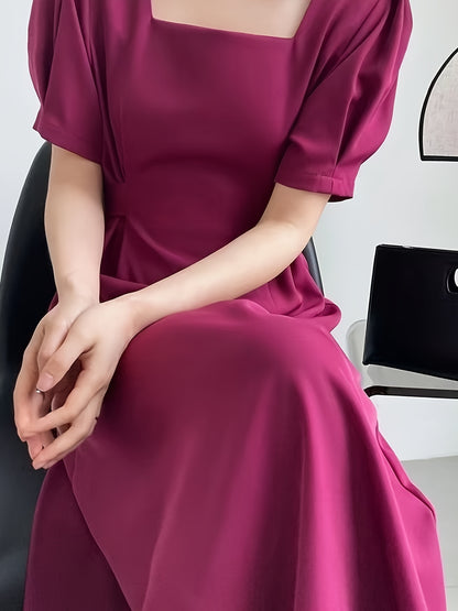 Vzyzv Solid Squared Neck Short Sleeve Tie Back Dress, Elegant Ruffled Hem Stylish Maxi Dress, Women's Clothing