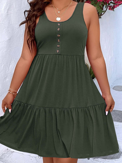 Vzyzv Plus Size Casual Loungewear, Women's Plus Ruffled Hem Button Detail Medium Stretch Comfort Tank Dress