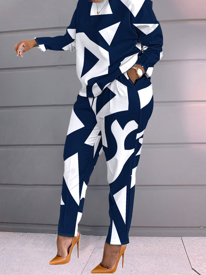 Vzyzv Plus Size Geometric Print Long Sleeve Tops & Straight Leg Pants Set, Women's Plus Slight Stretch Casual 2pcs Set Outfits, Women Plus Size Two Piece Set