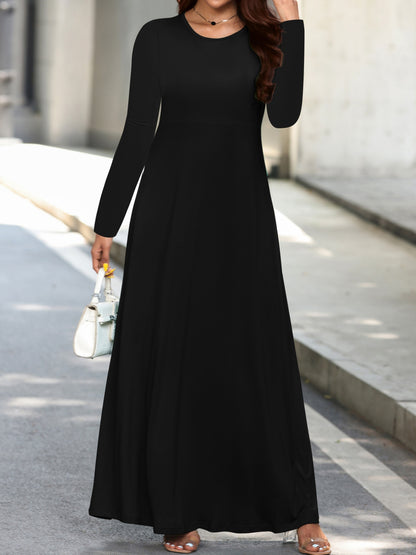 Vzyzv Plus Size Casual Dress, Women's Plus Solid Long Sleeve Round Neck High Stretch Maxi Dress