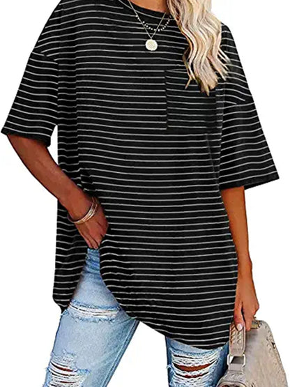 Vzyzv Women's T-Shirt Casual Striped Oversized Short Sleeve Crew Neck Loose T-Shirt