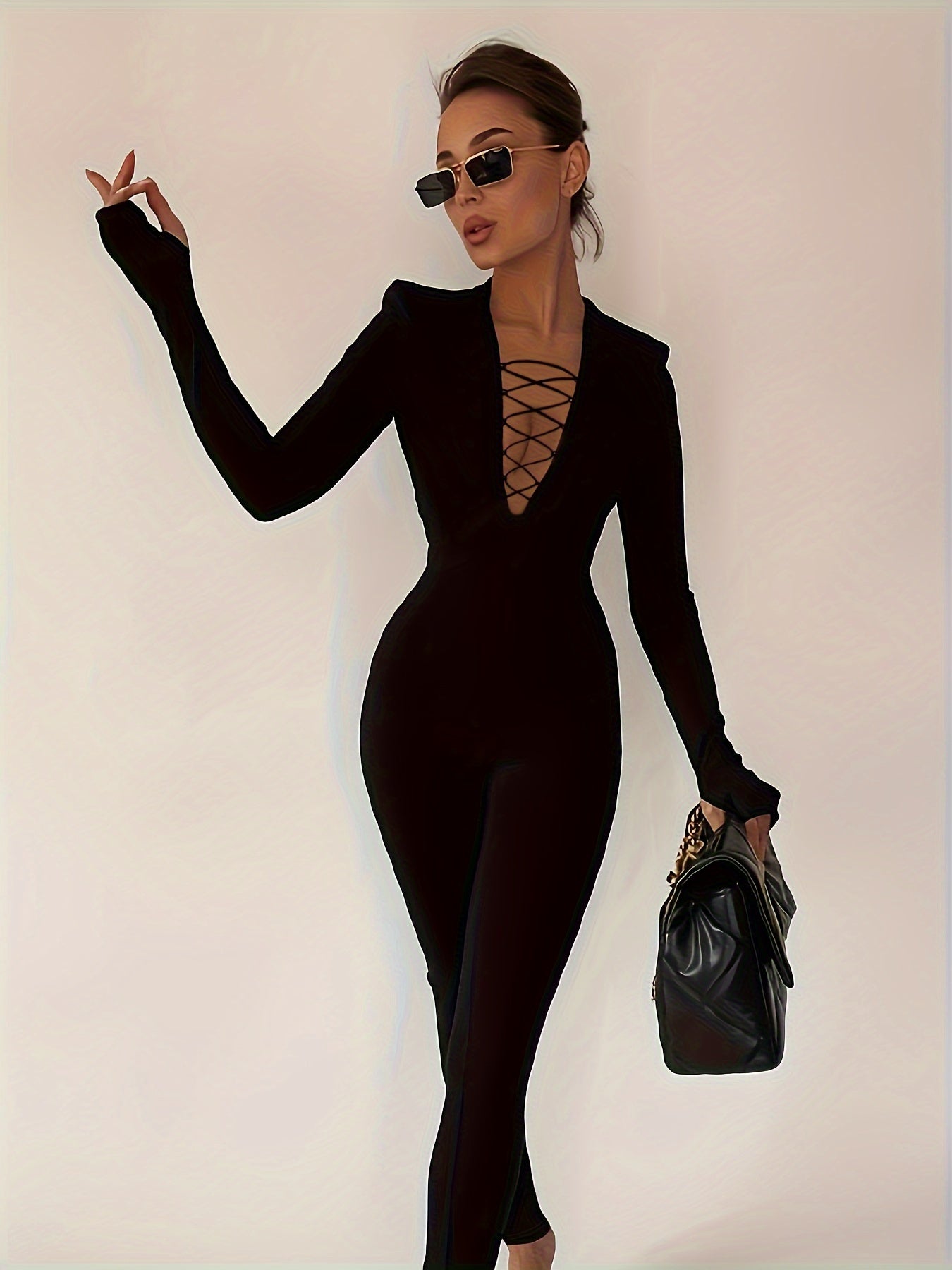 vzyzv  Solid Criss Cross Slim Jumpsuit, Casual Long Sleeve Jumpsuit For Spring & Fall, Women's Clothing