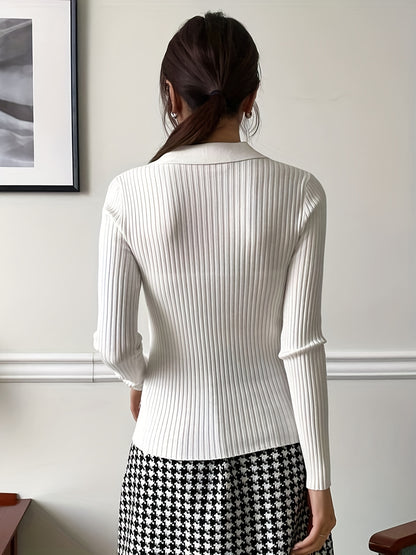 Vzyzv Solid Notched Collar Rib Knit Sweater, Elegant Long Sleeve Slim Sweater, Women's Clothing