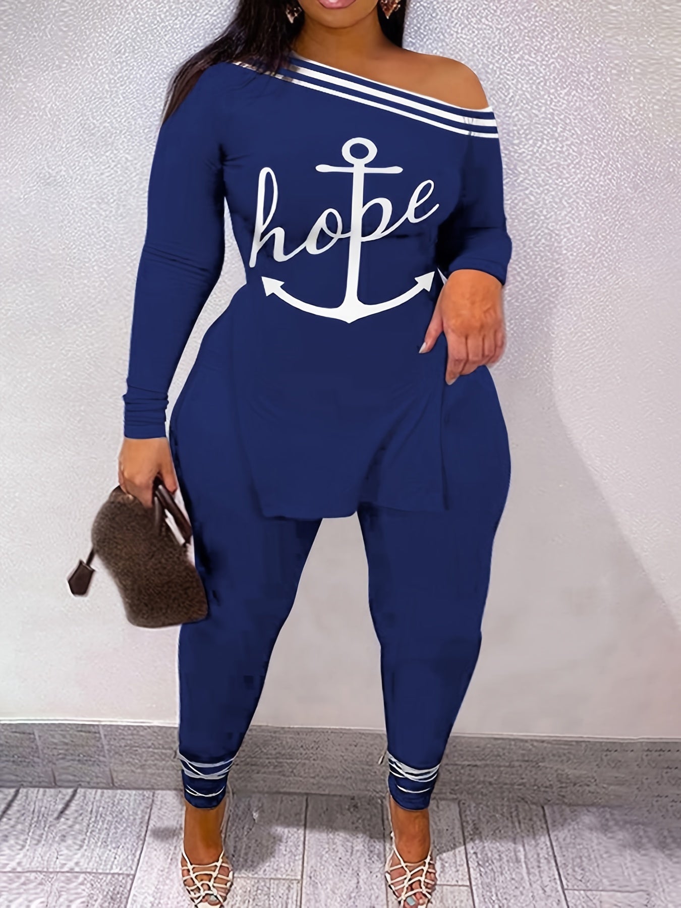 Vzyzv Plus Size Casual Outfits Two Piece Set, Women's Plus Letter & Anchor Print One Shoulder Split Hem Top & Leggings Outfits 2 Piece Set