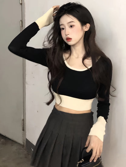 Vzyzv Color Block Scoop Neck Knitted Top, Vintage Long Sleeve Crop Fashion Sweater, Women's Clothing