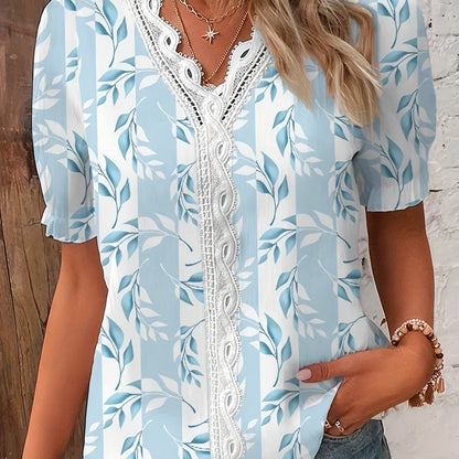 Vzyzv Floral Print Contrast Lace Blouse, Casual V Neck Short Sleeve Summer Blouse, Women's Clothing