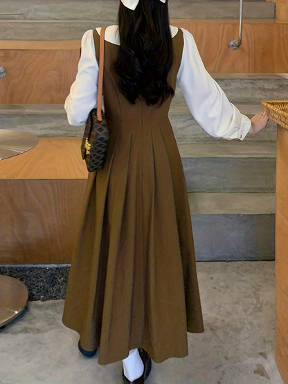 Vzyzv Color Block Pleated 2 In 1 Dress, Elegant Long Sleeve Midi Dress, Women's Clothing