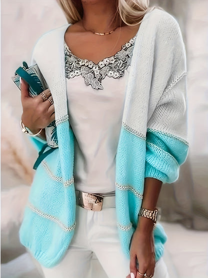 Plus Size Casual Cardigan, Women's Plus Colorblock Long Sleeve Open Front Slight Stretch Knit Cardigan