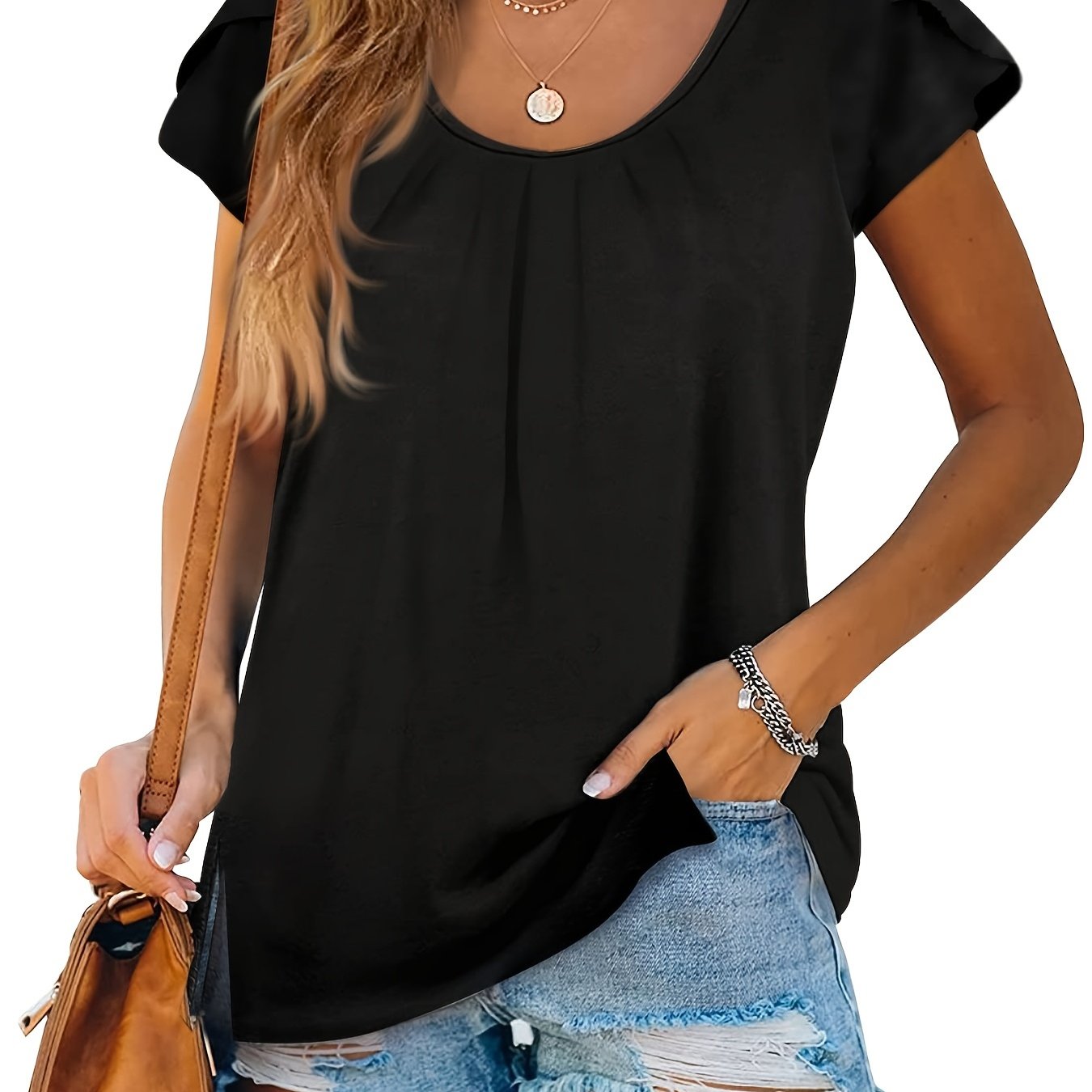 Vzyzv Petal Sleeve Split Hem T-shirt, Casual Crew Neck Solid Ruched T-shirt, Women's Clothing