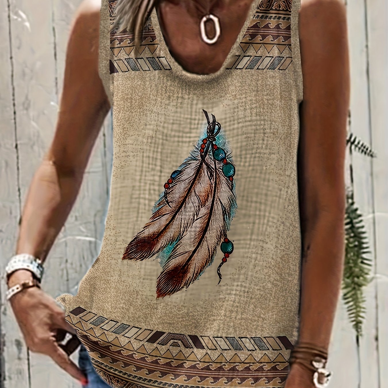 Vzyzv Summer Tank Top: Feather Print + Ethnic Style + Casual Wear for Women