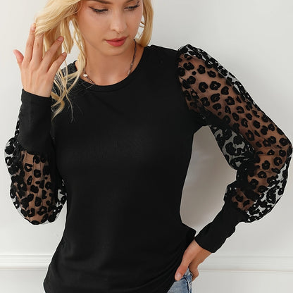 Vzyzv Leopard Illusion Sleeve Top, Casual Crew Neck Slim Top, Women's Clothing