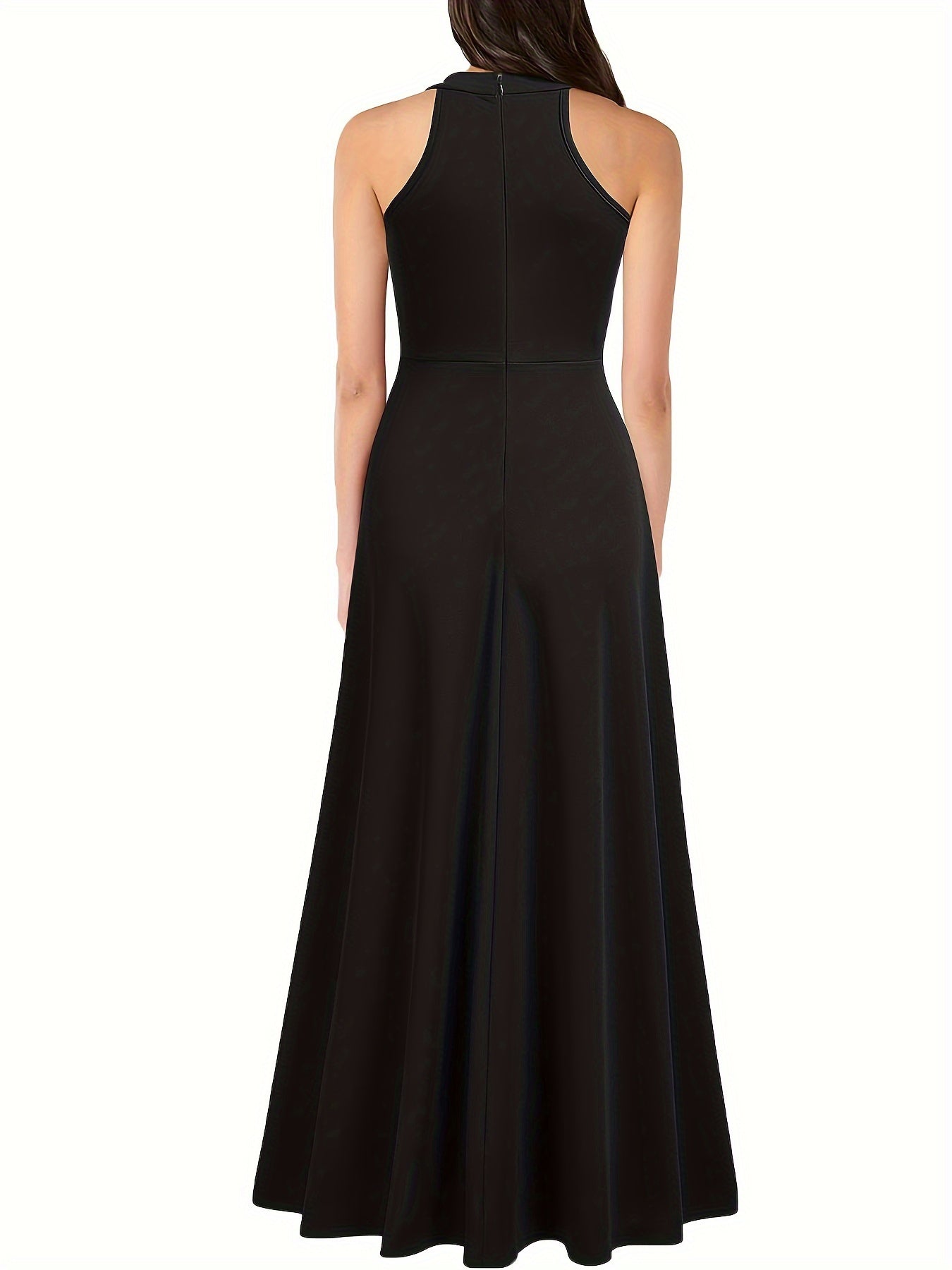 Split Thigh Mock Neck Dress, Elegant Sleeveless Solid Maxi Dress, Women's Clothing
