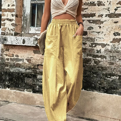 Vzyzv Boho Solid Elastic Waist Harem Pants, Casual Long Length Baggy Pants With Pockets For Spring & Summer, Women's Clothing