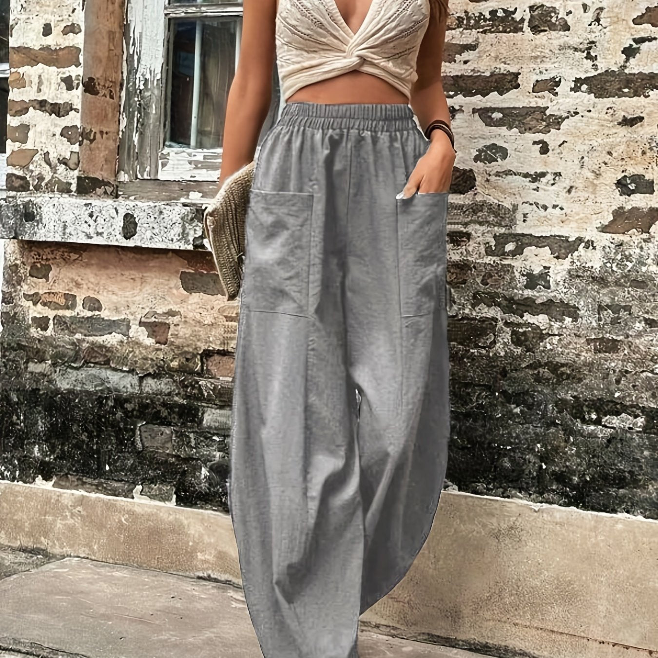 Vzyzv Boho Solid Elastic Waist Harem Pants, Casual Long Length Baggy Pants With Pockets For Spring & Summer, Women's Clothing