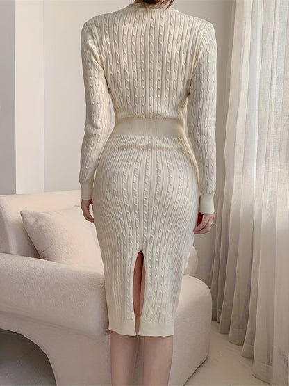 Vzyzv Keyhole Sweater Dress, Elegant Long Sleeve Split Bodycon Dress, Women's Clothing