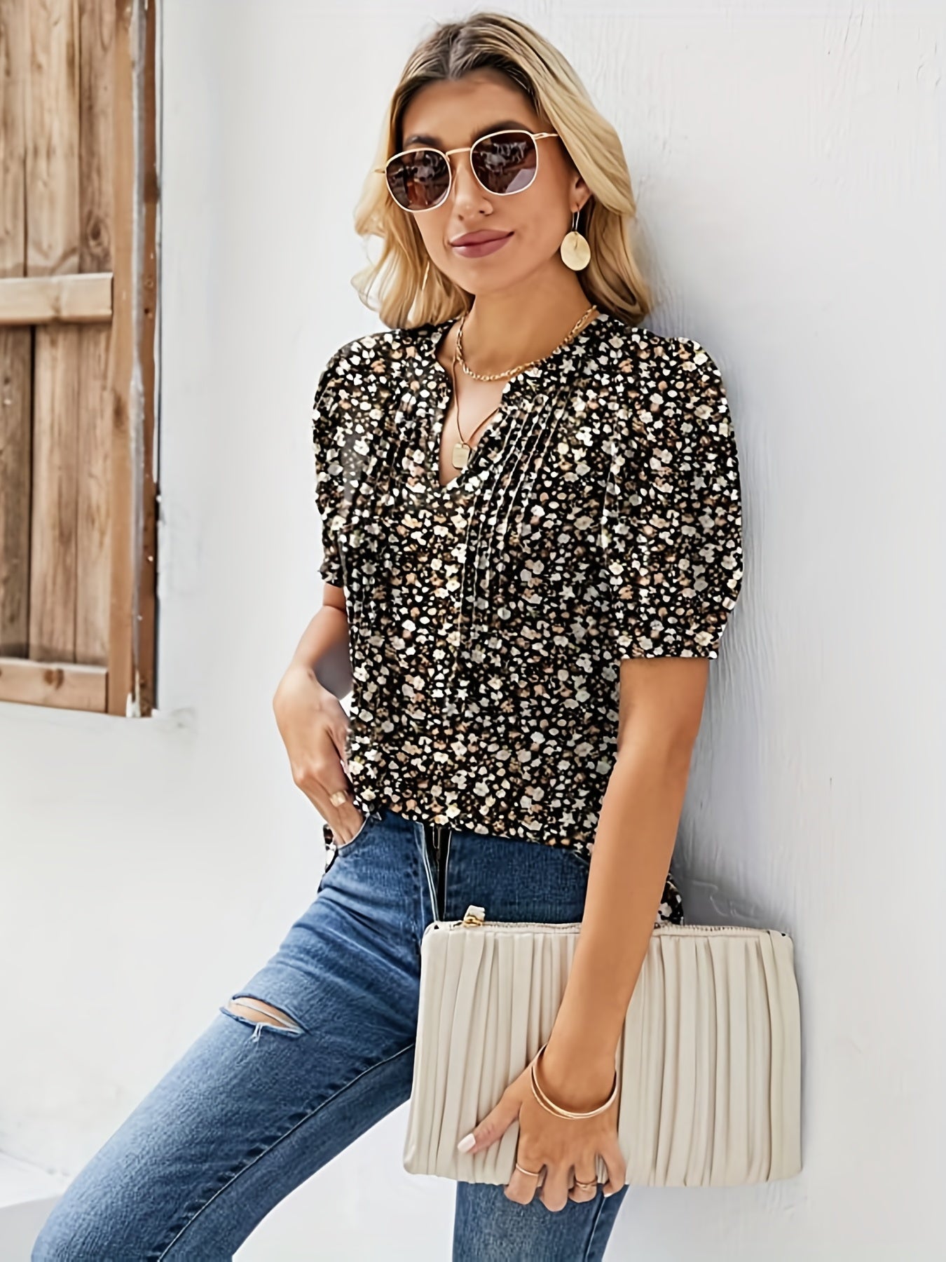 Vzyzv Ditsy Floral Print Blouse, Casual V Neck Short Sleeve Ruched Blouse, Women's Clothing