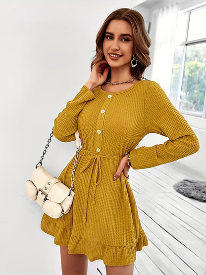 Vzyzv Ruffle Hem Button Front Dress, Casual Long Sleeve Crew Neck Drawstring Dress, Women's Clothing