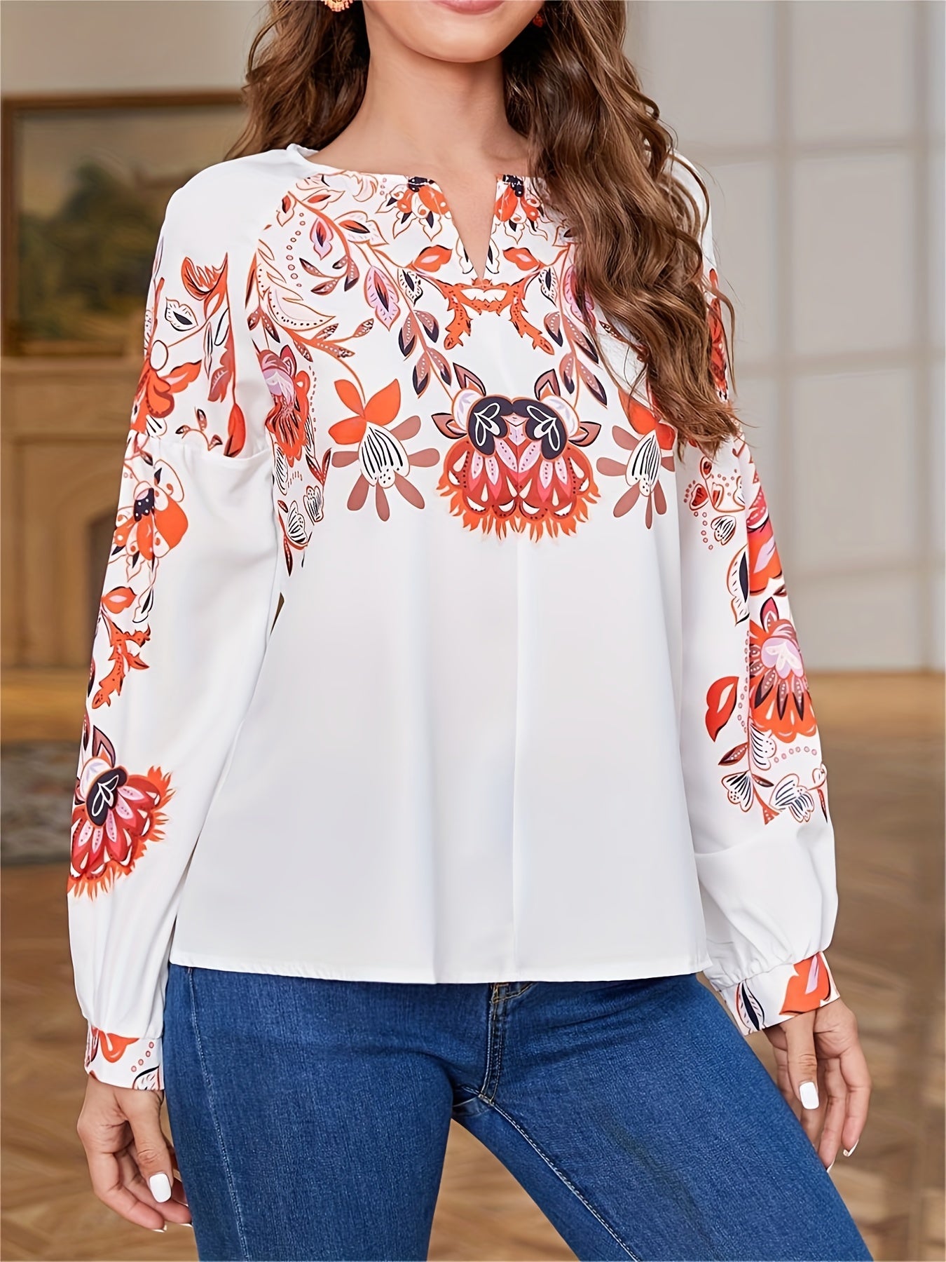 Vzyzv Floral Print Split Crew Neck Shirt, Boho Long Sleeve Shirt For Spring & Fall, Women's Clothing