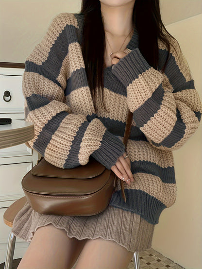Vzyzv Striped V Neck Pullover Sweater, Casual Long Sleeve Drop Shoulder Sweater, Women's Clothing