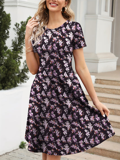 Vzyzv Floral Print Crew Neck Dress, Vintage Short Sleeve Dress For Spring & Summer, Women's Clothing