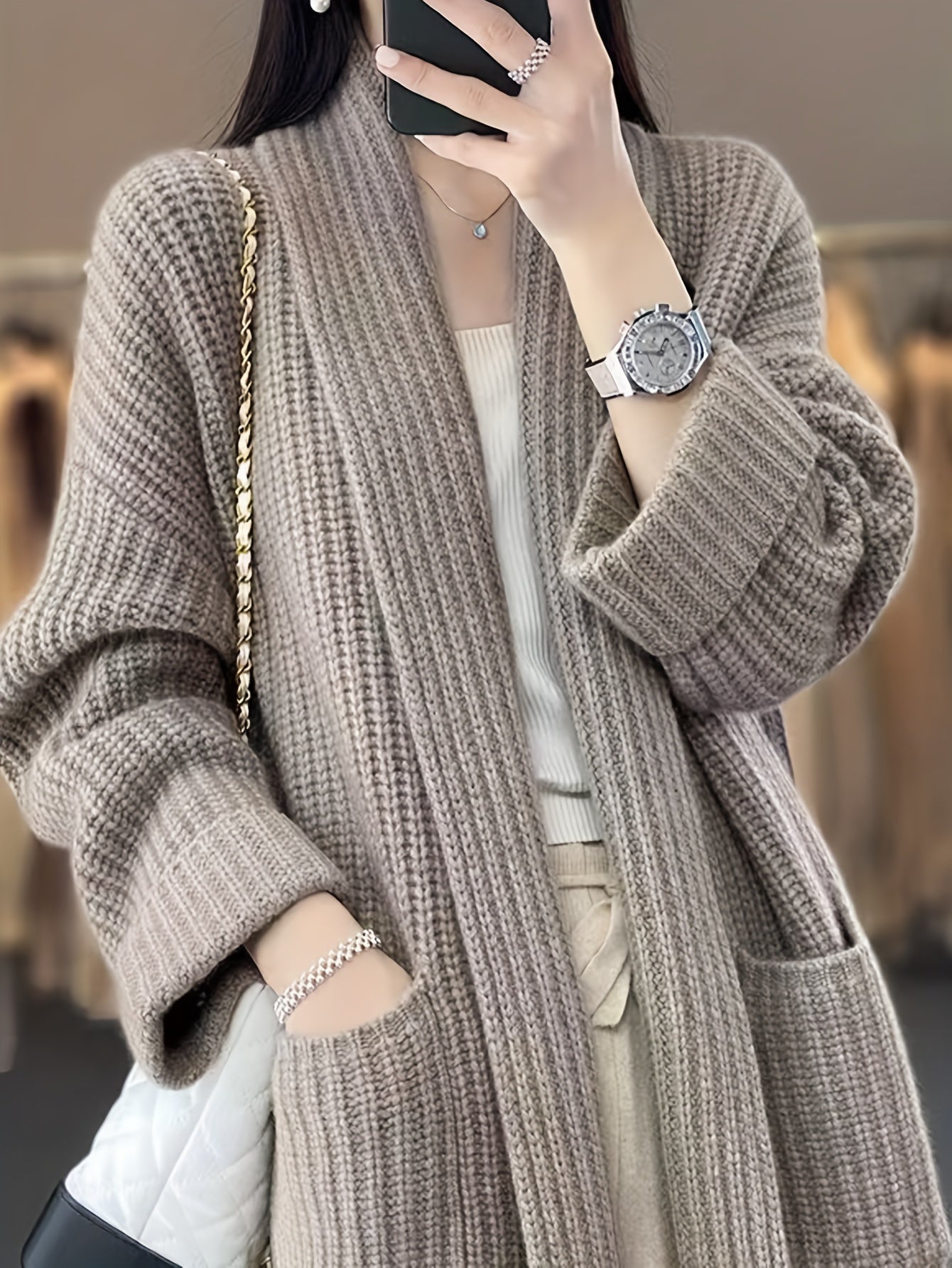 Vzyzv Solid Open Front Knit Cardigan, Casual Long Sleeve Oversized Sweater Coat With Pocket, Women's Clothing