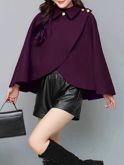 Vzyzv Solid Collared Cape Tops, Casual Asymmetrical Outerwear, Women's Clothing