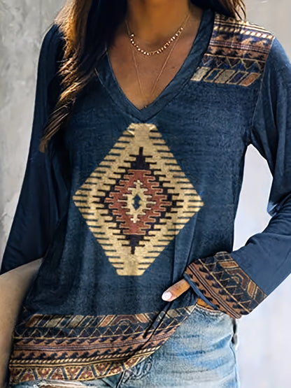 Vzyzv Aztec Print V Neck T-Shirt, Casual Long Sleeve T-Shirt For Spring & Fall, Women's Clothing