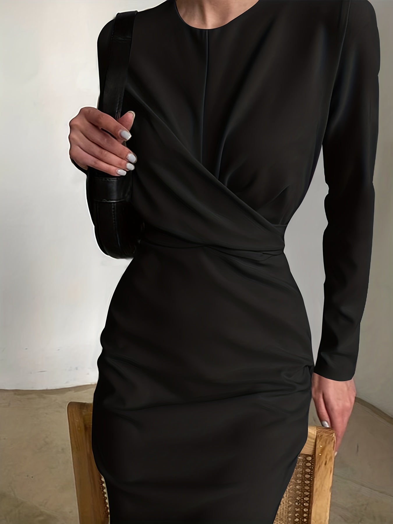 Vzyzv Split Bodycon Dress, Elegant Round Neck Long Sleeve Dress, Women's Clothing