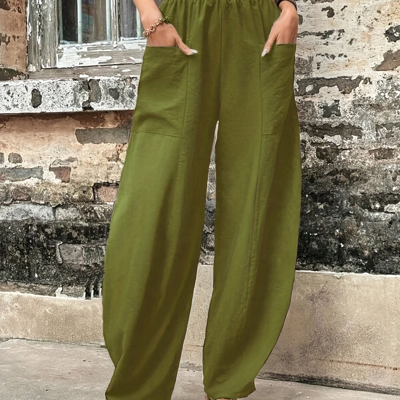 Vzyzv Boho Solid Elastic Waist Harem Pants, Casual Long Length Baggy Pants With Pockets For Spring & Summer, Women's Clothing