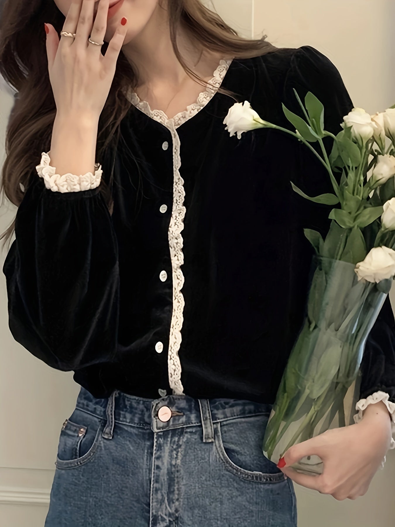 Vzyzv Lace Stitching V-neck Velvet Blouse, Vintage Long Sleeve Button Front Blouse For Spring & Fall, Women's Clothing
