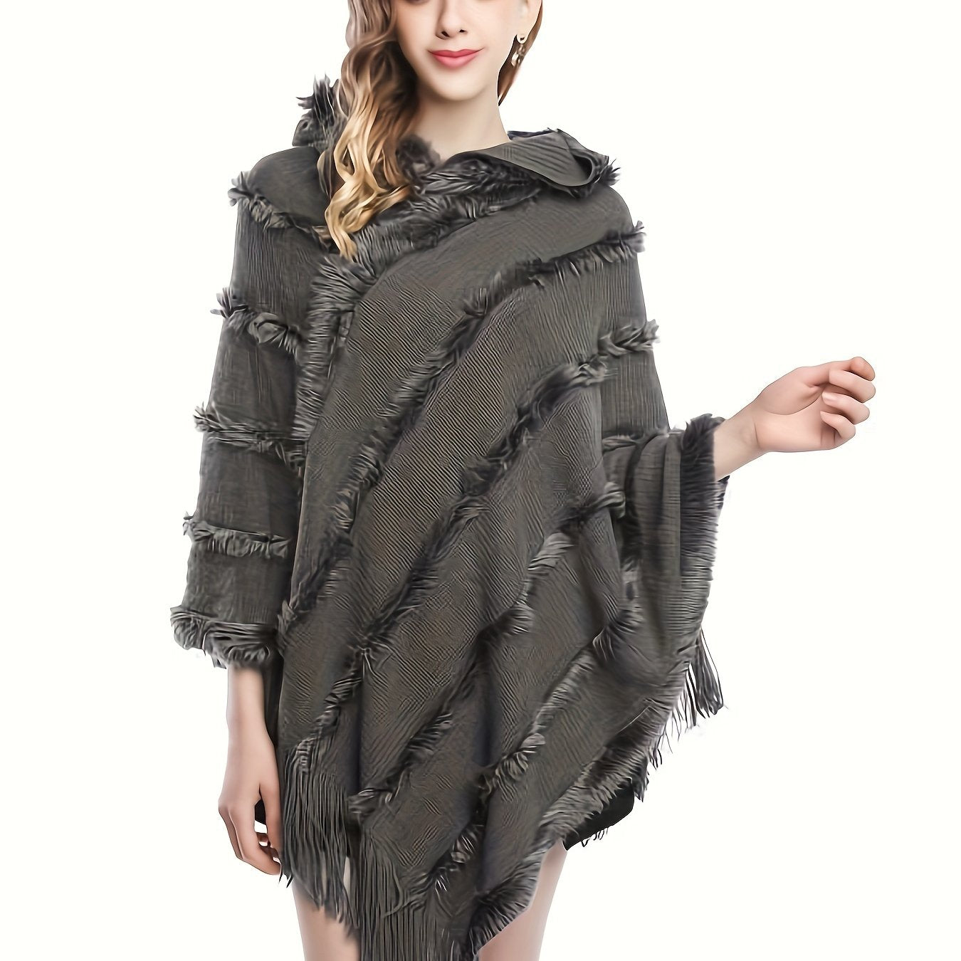 Vzyzv Tassel Shawl Hooded Shawl Sweater, Vintage Solid Asymmetrical Hem Poncho Sweater, Women's Clothing