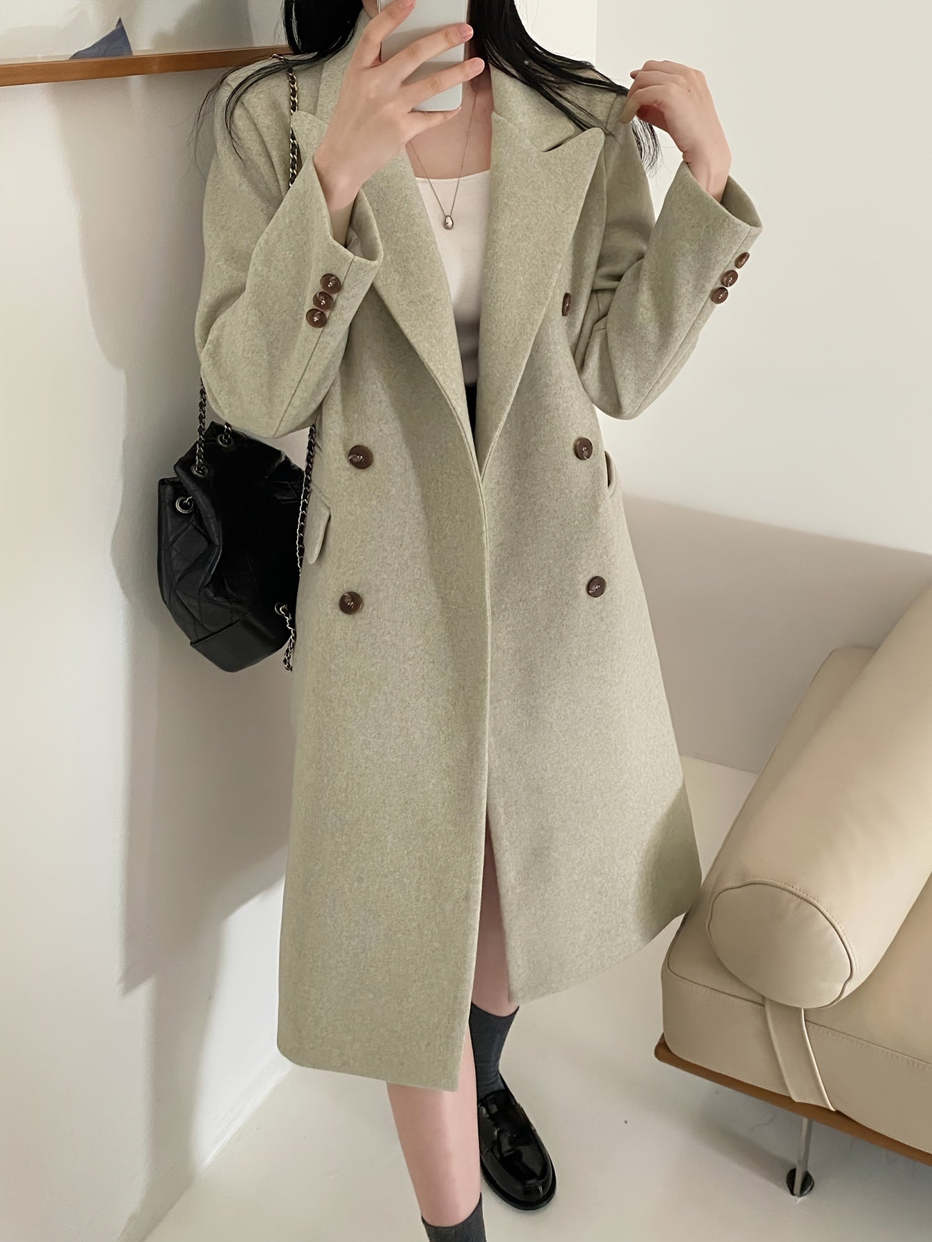 Vzyzv Solid Color Double-breasted Coat, Casual Long Sleeve Lapel Coat For Fall & Winter, Women's Clothing