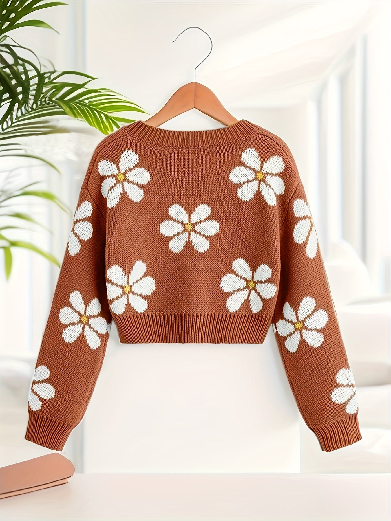 Vzyzv Floral Jacquard Girls Drop Shoulder V-neck Knitted Sweater For Fall Winter