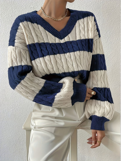 Vzyzv Color Block Drop Shoulder Sweater, Casual Long Sleeve Sweater For Fall & Winter, Women's Clothing