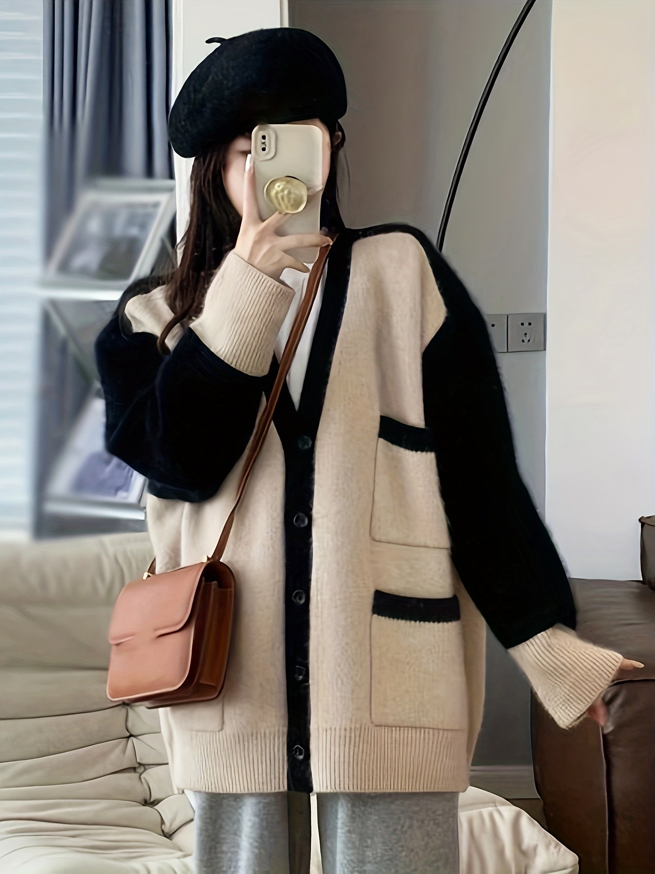Vzyzv Contrast Color Button Front Sweater Cardigan, Oversized V-neck Sweater For Fall & Winter, Women's Clothing