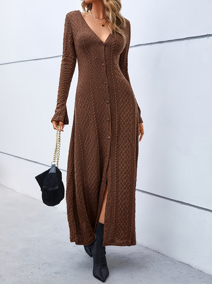 Vzyzv Elegant Buttons Slit Long Dress, Casual Deep V Neck Long Sleeve Waist Long Dresses, Women's Clothing