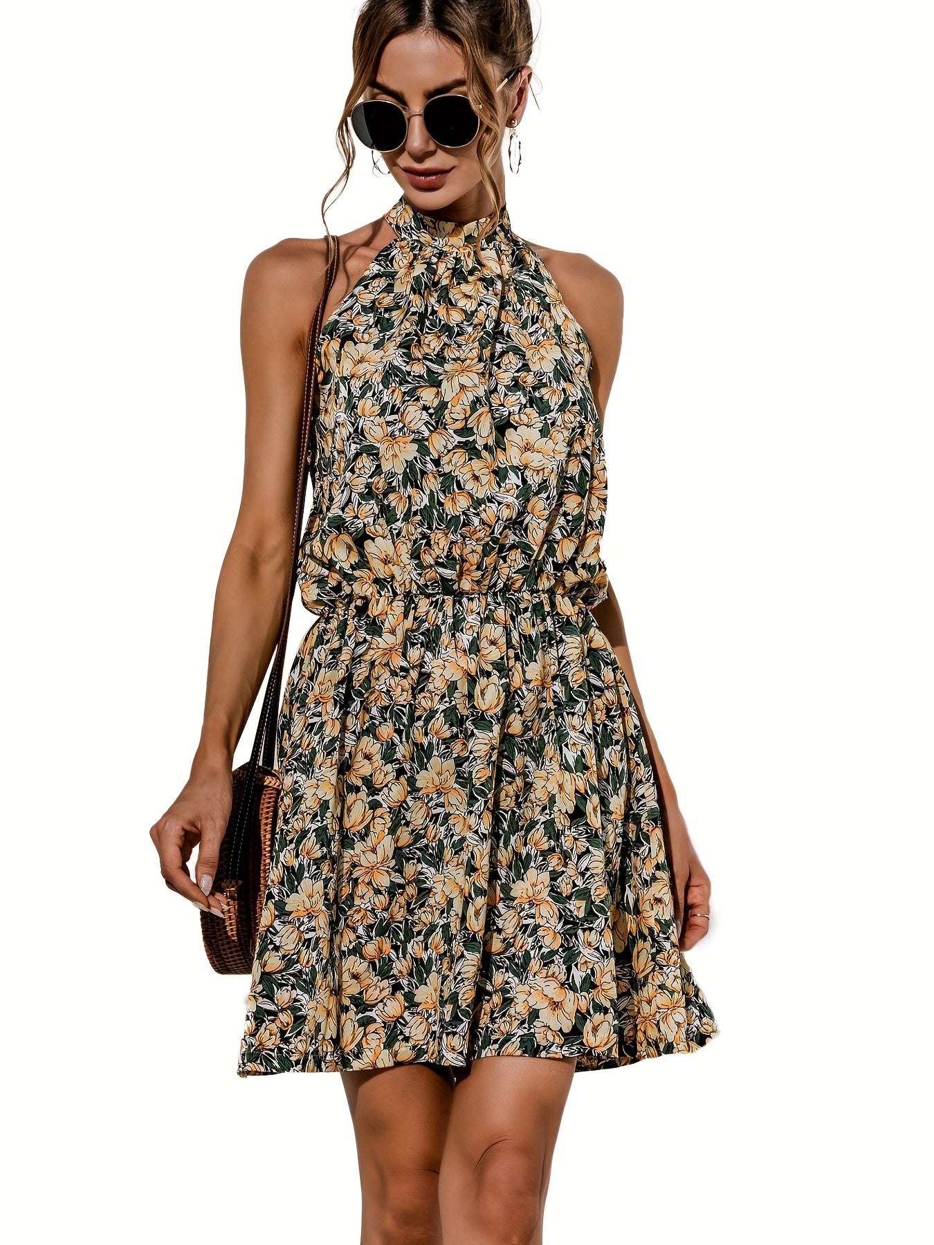 Vzyzv Floral Print Halter Neck Dress, Sexy Sleeveless Dress For Spring & Summer, Women's Clothing