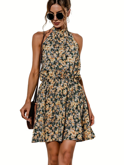 Vzyzv Floral Print Halter Neck Dress, Sexy Sleeveless Dress For Spring & Summer, Women's Clothing