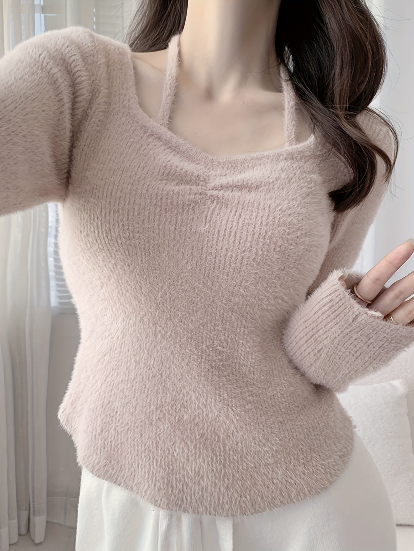 Vzyzv Solid Slim Halter Pullover Sweater, Casual Long Sleeve Cozy Sweater For Spring & Fall, Women's Clothing