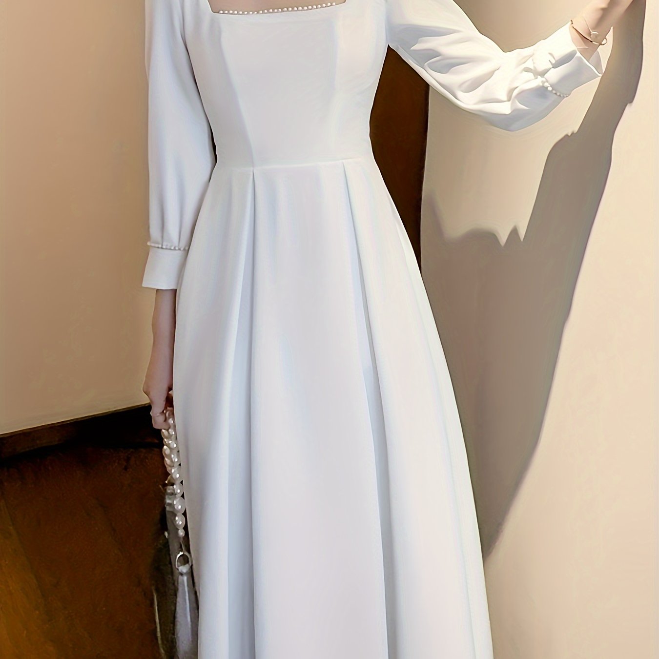 Vzyzv Beaded Square Neck Dress, Elegant Bow Decor Aline Dress For Wedding Party, Women's Clothing