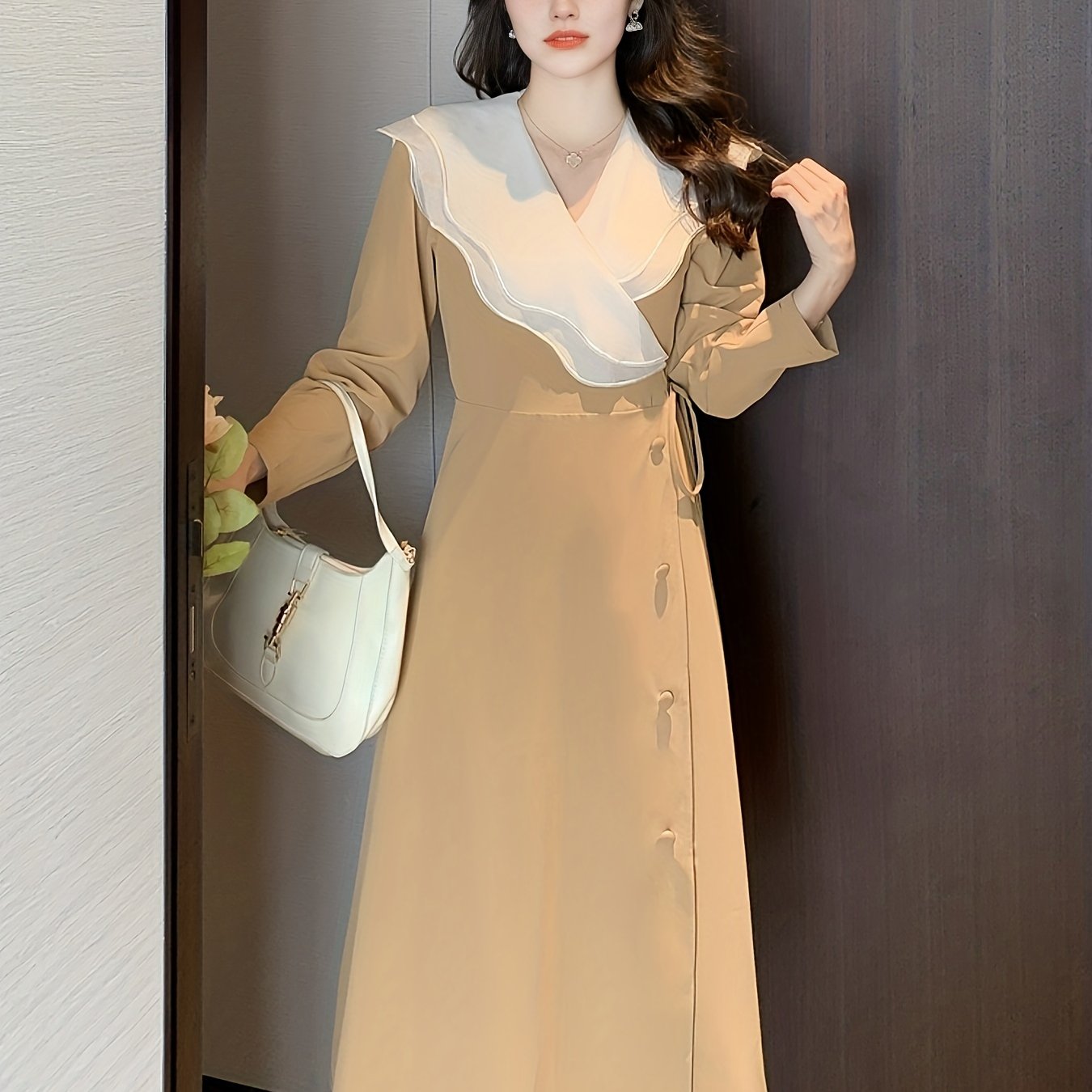 Vzyzv Ruffle Trim Surplice Neck Dress, Elegant Long Sleeve Solid Dress, Women's Clothing