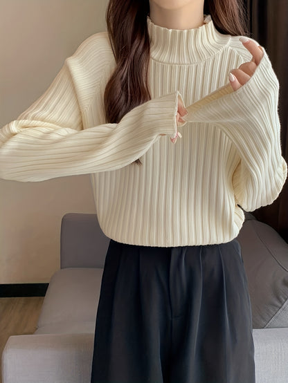 Vzyzv Solid Mock Neck Rib Knit Sweater, Casual Long Sleeve Thick Versatile Sweater, Women's Clothing