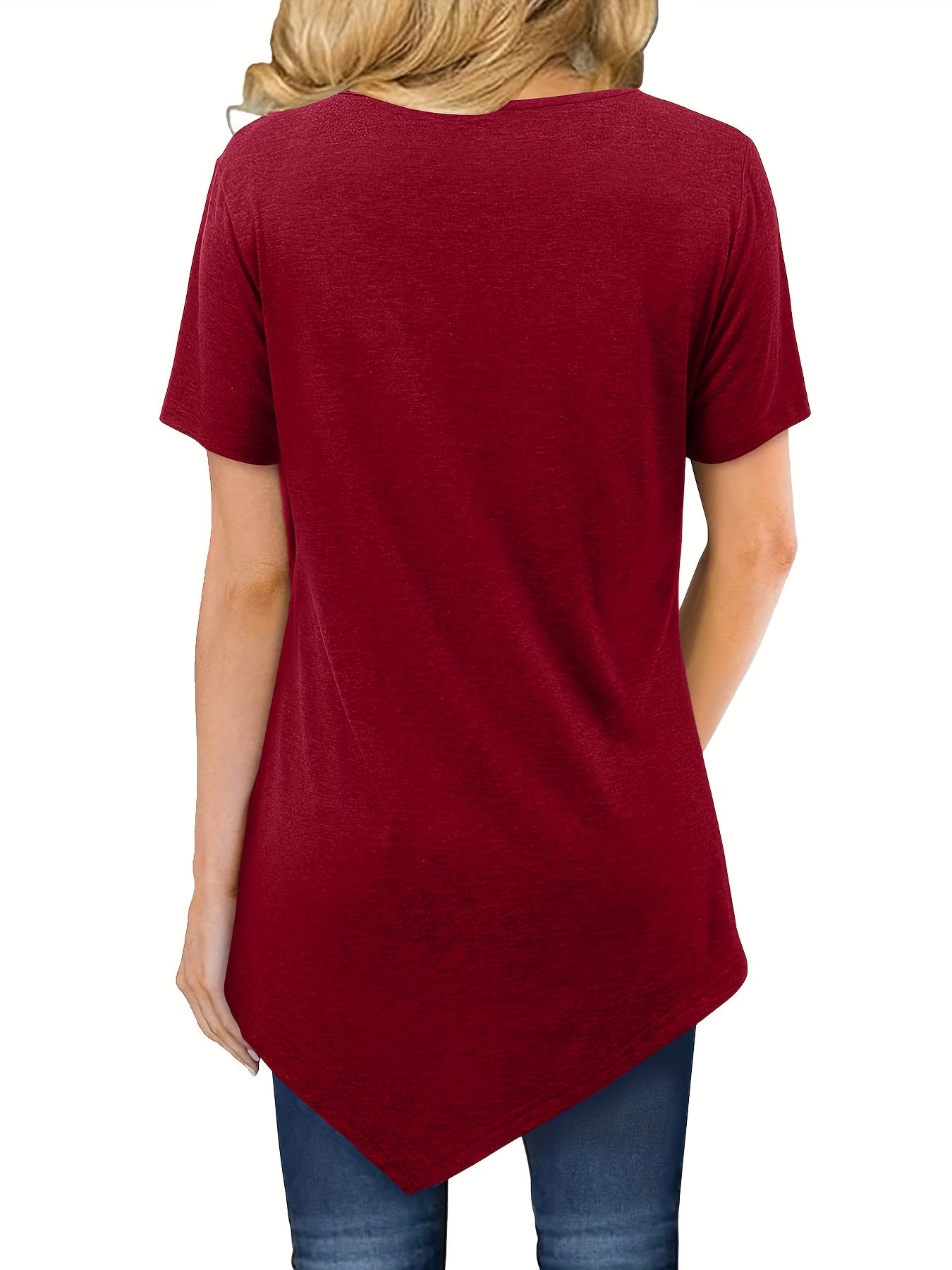 Vzyzv Solid Asymmetrical Hem T-shirt, Casual Crew Neck Short Sleeve Summer T-shirt, Women's Clothing