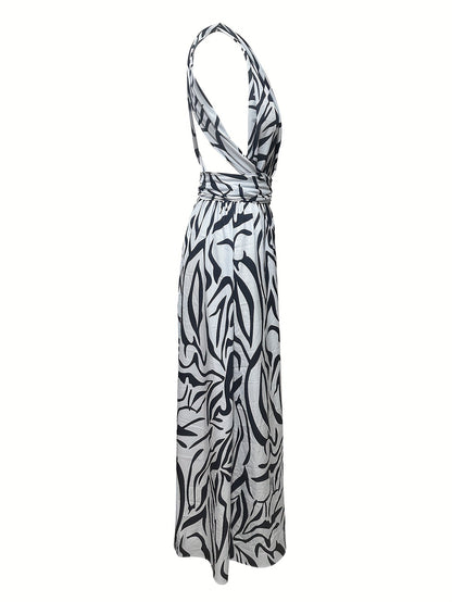 Vzyzv Abstract Print One Shoulder Dress, Elegant Backless Sleeveless Maxi Dress, Women's Clothing